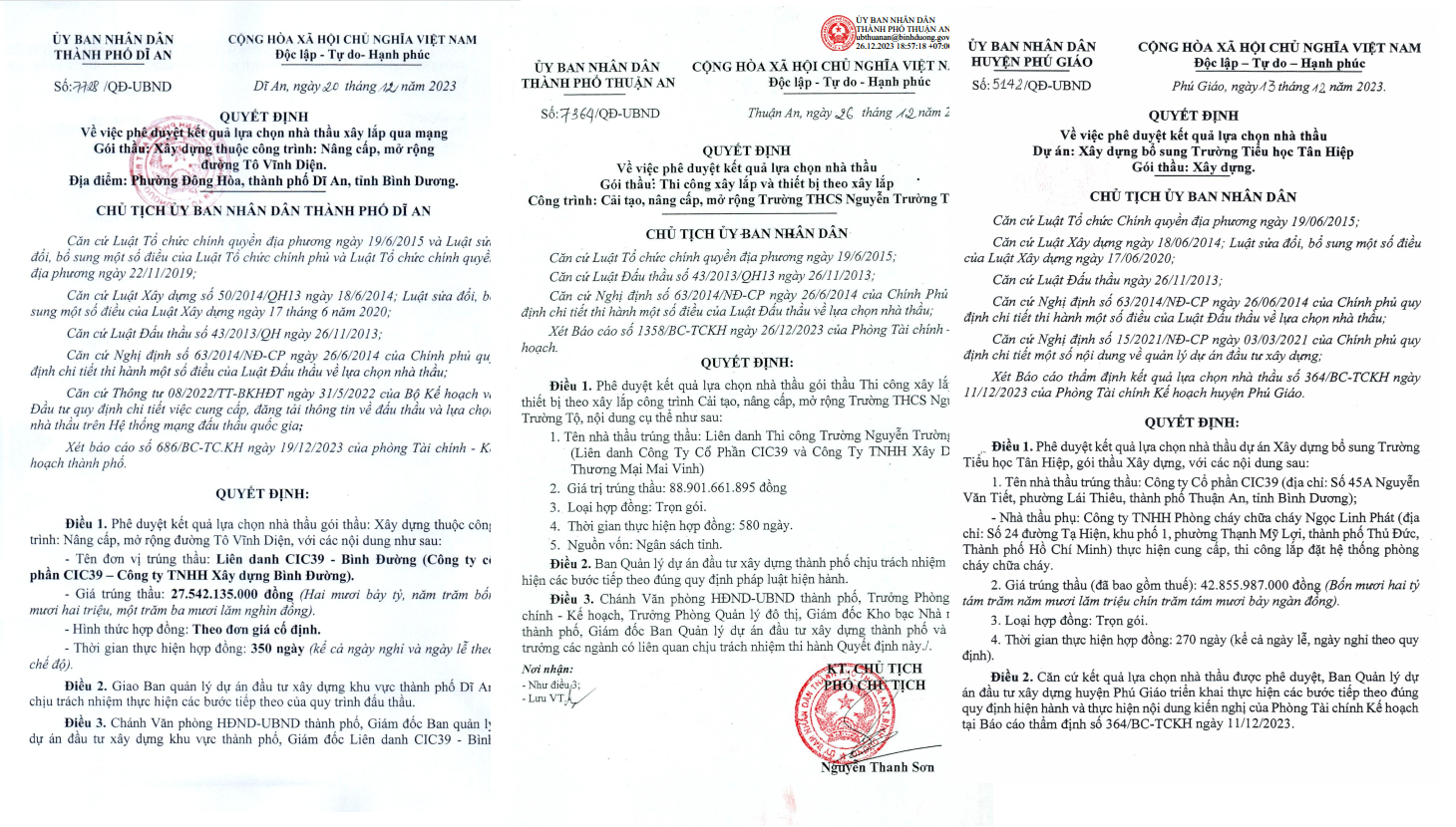 CIC39 bị loại thầu ở cấp tỉnh vì văn bằng 'có dấu hiệu làm giả', vẫn trúng liên tiếp tại Thuận An, Dĩ An, Phú Giáo